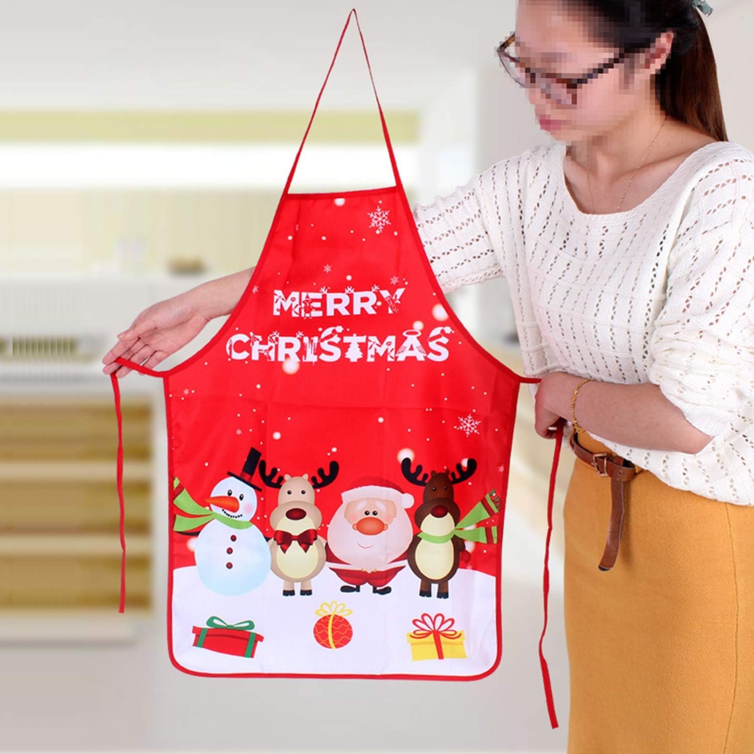 2 Pack Chistmas Apron, Holiday Kitchen Apron Christmas Santa Claus/Elk/Snowman Style Decoration Apron for Christmas Dinner Party Cooking Baking Crafting House Cleaning Kitchen - Image 4