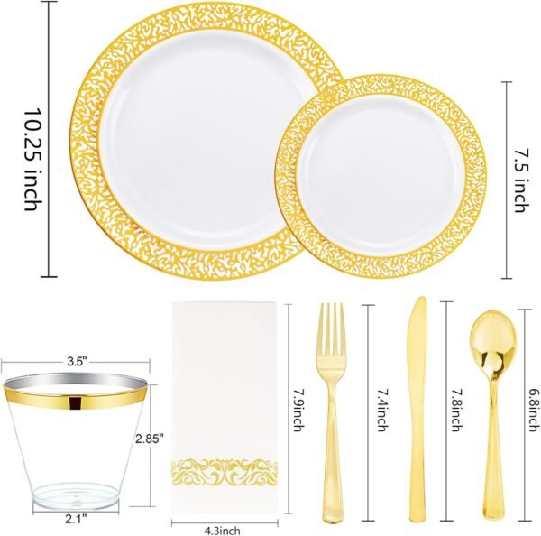 bUCLA 350PCS Gold Plastic Dinnerware Set for 50 Guests - Gold Plastic Plates Disposable for Party Include 100 Plates,50 Forks, 50 Knives, 50 Spoons,50 Cups,50 Napkins for Thanksgiving - Image 3
