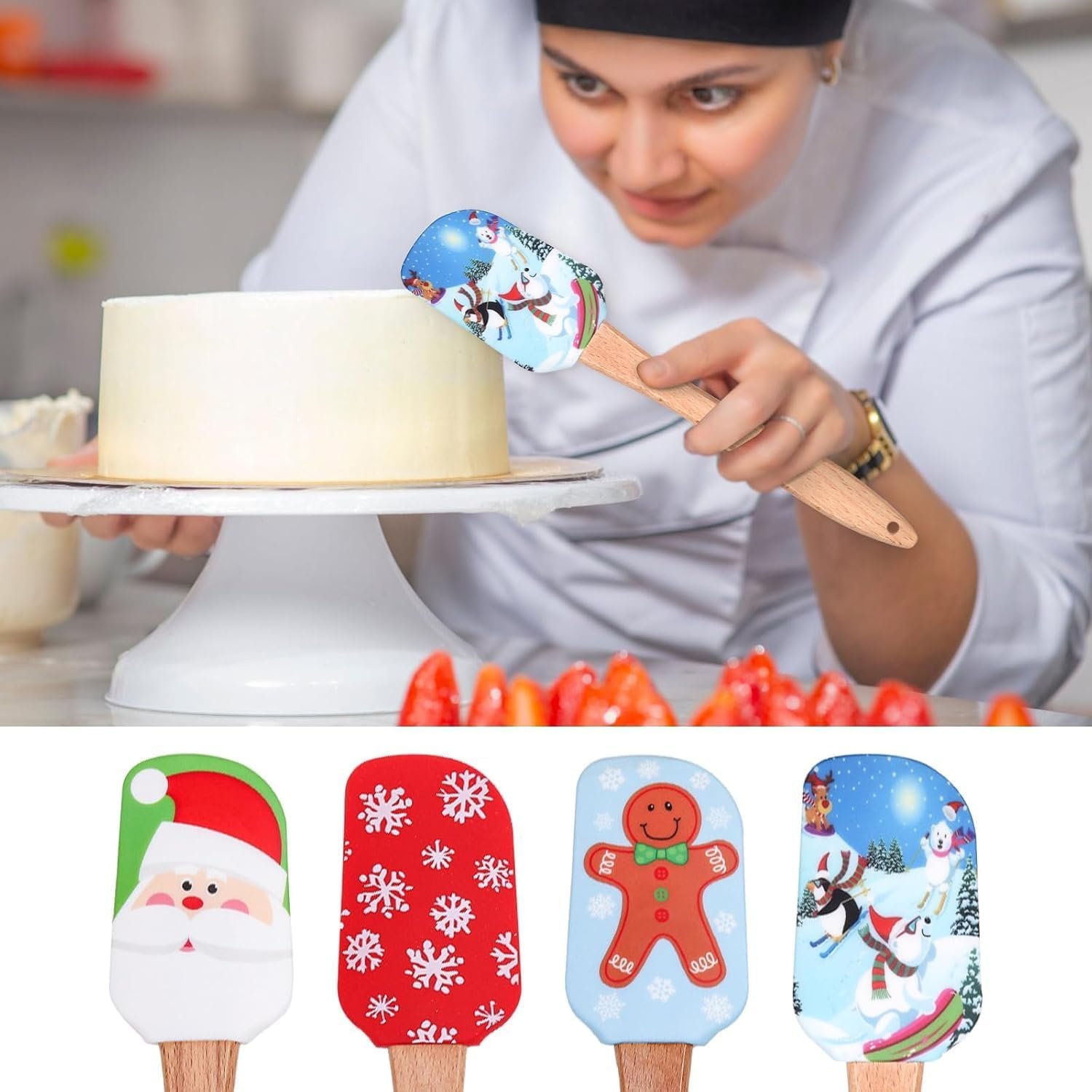 4 PCS Christmas Spatulas Silicone Spatula Set for Baking, Xmas Cake Spatula with Wooden Handle, Cute Scraper for Mixing Cooking - Image 8