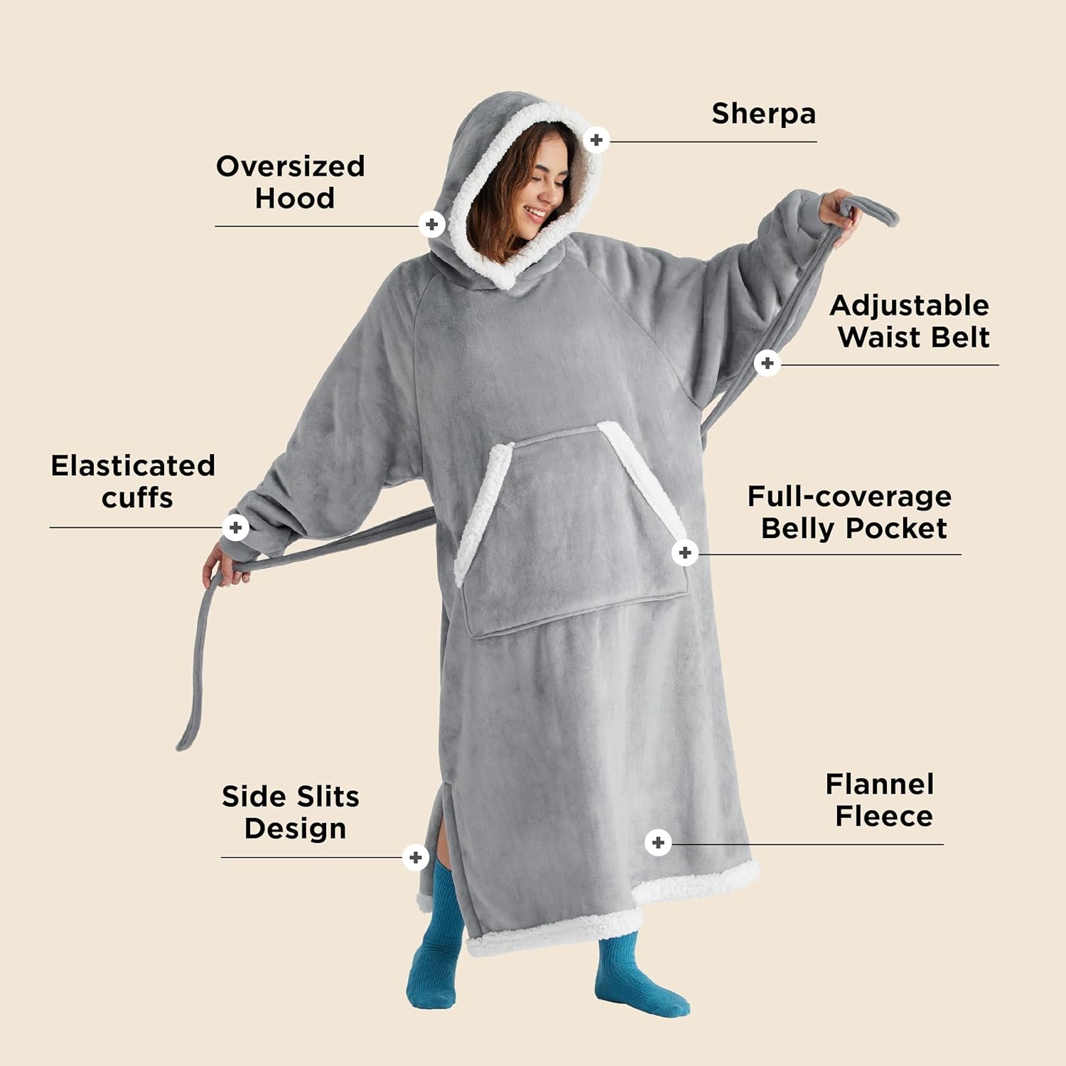 Bedsure Wearable Blanket Hoodie Women - Long Sherpa Hooded Blanket for Adult Warm Cozy Blanket Sweatshirt Gifts for Women Men, Standard, Grey - Image 3