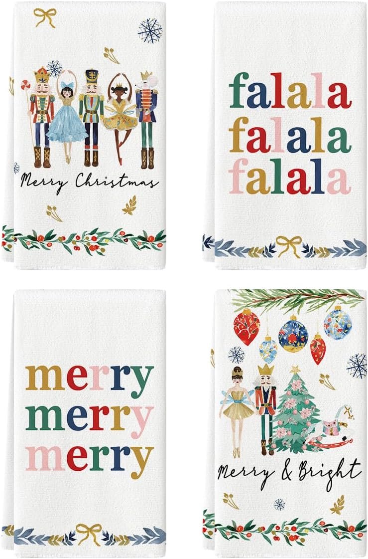 Artoid Mode Nutcrackers Merry Christmas Kitchen Towels Dish Towels, 18x26 Inch Xmas Balls Tree Winter Holiday Decoration Hand Towels Set of 4 - Image 2