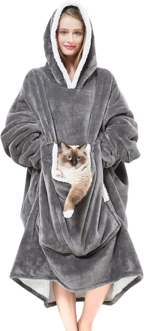Wearable Blanket Hoodie with Giant Pocket （Pet Won't Leave） Extra Soft Sherpa Fleece Thick Warm ＆ Cozy Oversized Sweatshirt Blanket Jacket with Sleeves Gifts for Adult Men Women - Grey - Image 2
