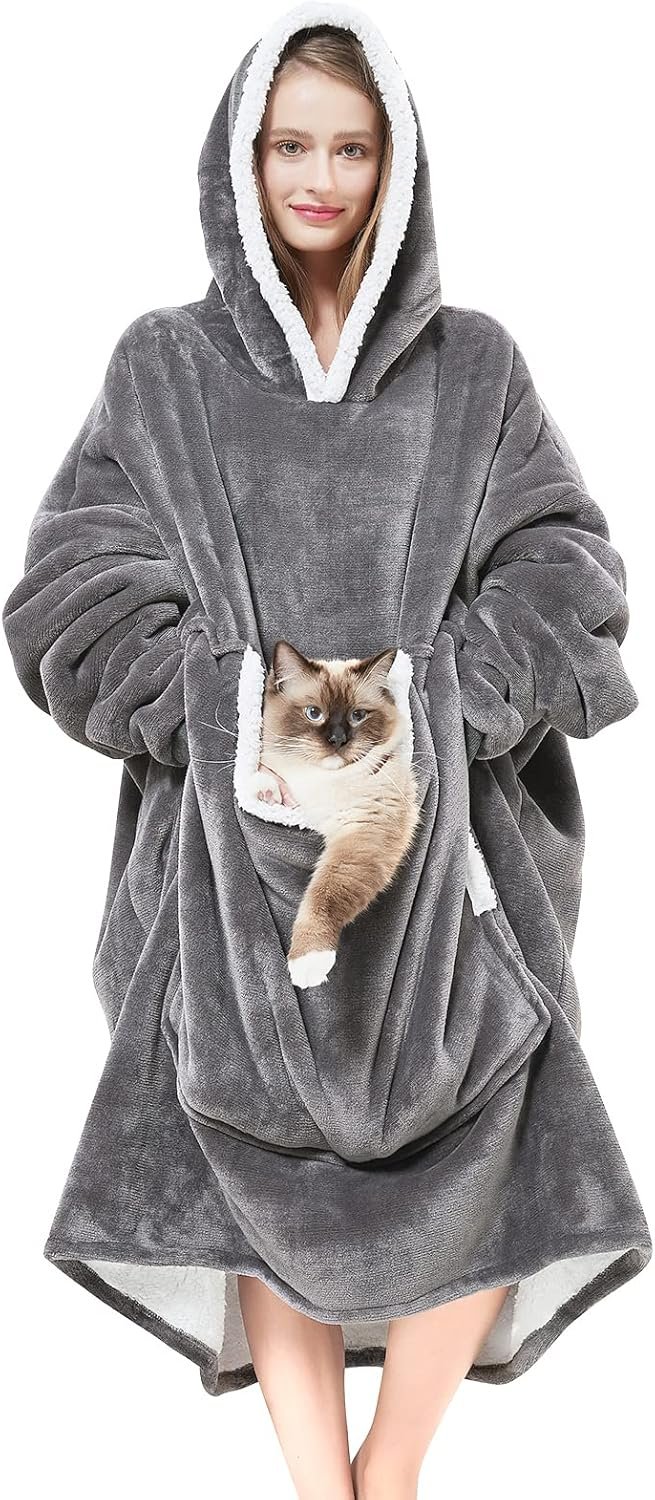 Wearable Blanket Hoodie with Giant Pocket (Pet Won't Leave) Extra Soft Sherpa Fleece Thick Warm & Cozy Oversized Sweatshirt Blanket Jacket with Sleeves Gifts for Adult Men Women - Grey - Image 2