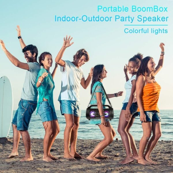 Bluetooth Speaker, 30W Portable Bluetooth Boombox with Subwoofer, FM Radio, RGB Colorful Lights, EQ, Stereo Sound, Booming Bass, 10H Playtime Wireless Party Speaker for Home, Outdoor, Travel, Camping - Image 5
