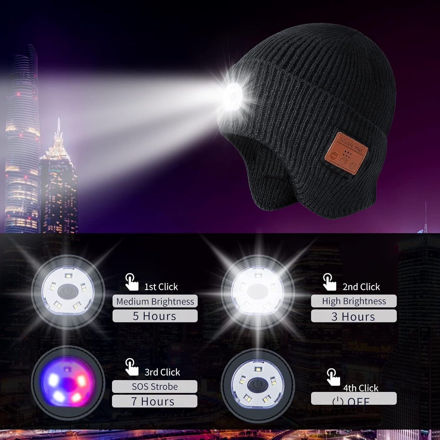 Mens Gifts Bluetooth Beanie with Light, Built-in Wireless Headphones & Stereo Speakers - USB Rechargeable Bluetooth Hat | Cool Gadgets Stocking Stuffers Gifts for Men Women (Black, Adult) - Image 5