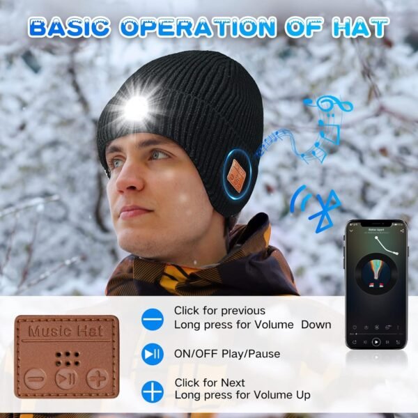 Mens Gifts Bluetooth Beanie with Light, Built-in Wireless Headphones & Stereo Speakers - USB Rechargeable Bluetooth Hat | Cool Gadgets Stocking Stuffers Gifts for Men Women (Black, Adult) - Image 4