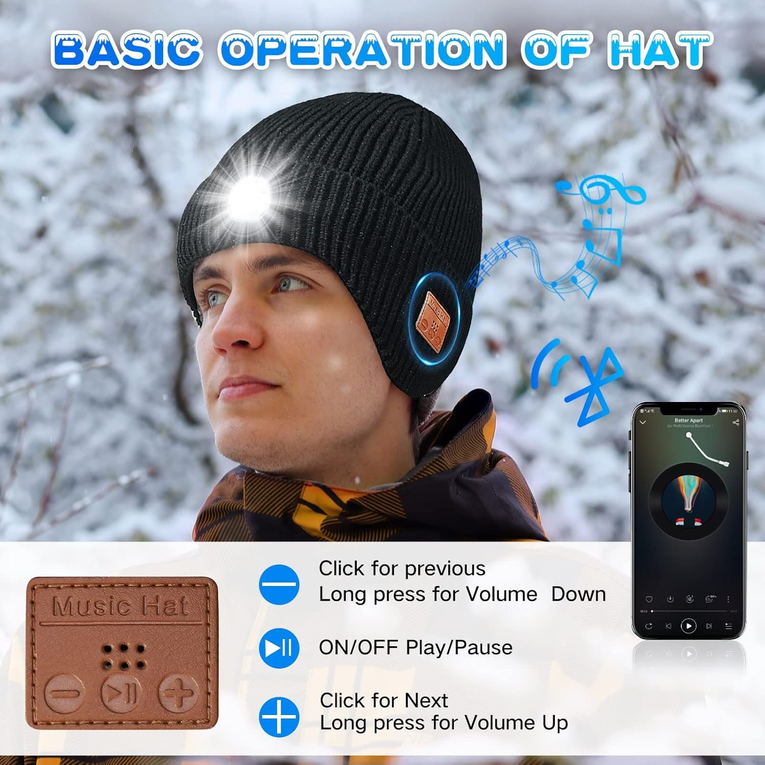 Mens Gifts Bluetooth Beanie with Light, Built-in Wireless Headphones & Stereo Speakers - USB Rechargeable Bluetooth Hat | Cool Gadgets Stocking Stuffers Gifts for Men Women (Black, Adult) - Image 4