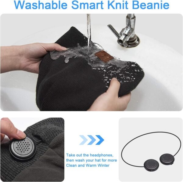beanie MUSICBEE Bluetooth V5.2 Wireless Knit Winter Cap, 24 Hour Play time, Built-in Microphone and HD Stereo Speakers, Wool Lined for Outdoor Homes and Gifts - Neutral (Charcoal) - Image 6