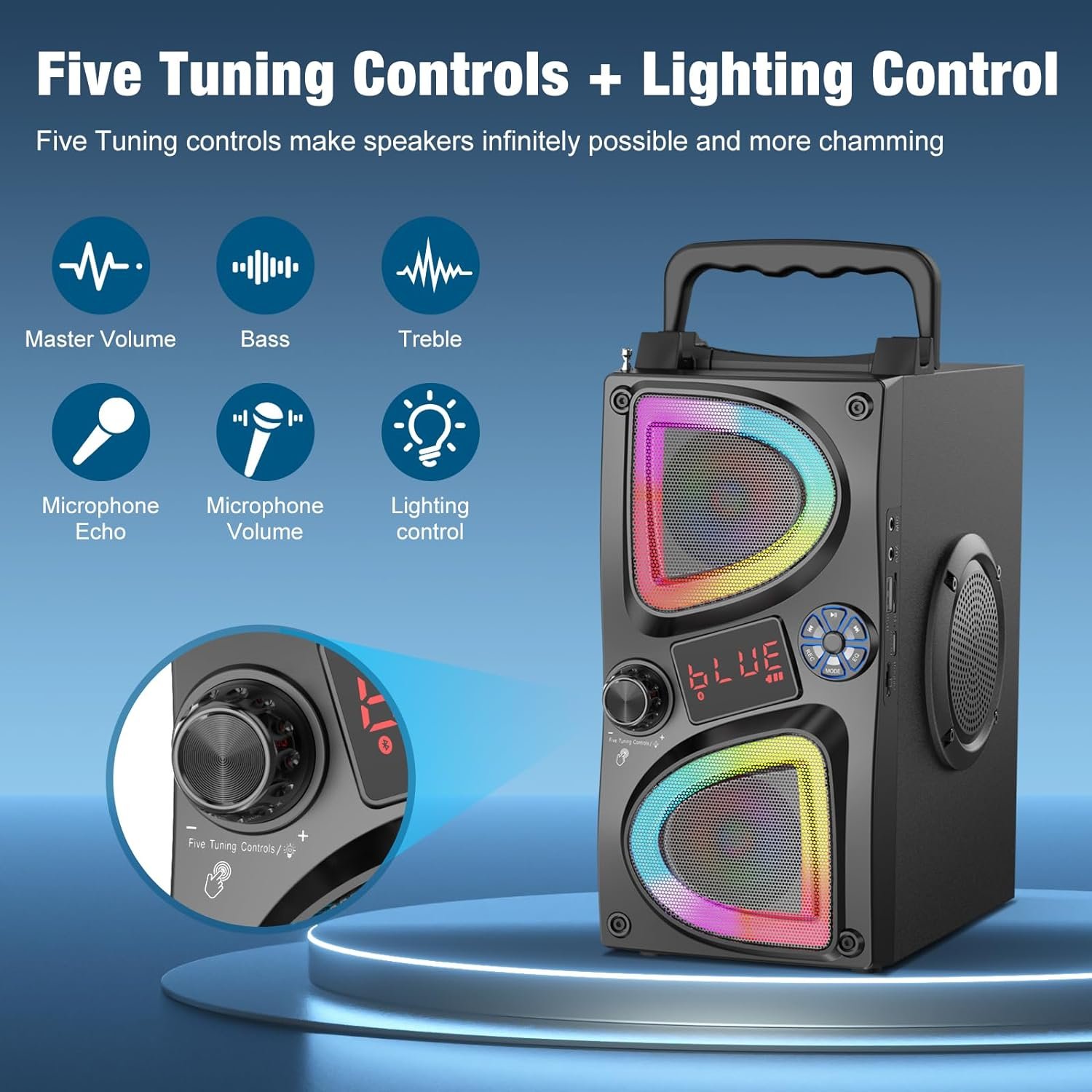 Bluetooth Speaker, 60W(Peak) Wireless Portable Small Home Party Speakers with Double Subwoofer Deep Bass, Microphone, FM Radio, Lights, Remote, 80dB Loud Stereo Sound Boombox for Outdoor Camping Gifts - Image 6