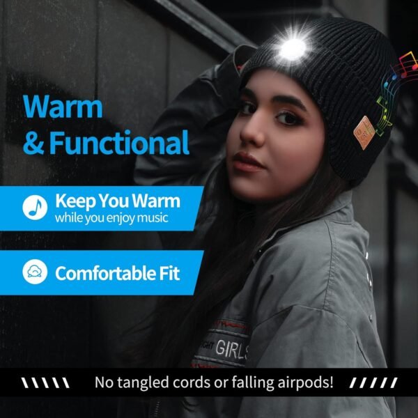 Mens Gifts Bluetooth Beanie with Light, Built-in Wireless Headphones & Stereo Speakers - USB Rechargeable Bluetooth Hat | Cool Gadgets Stocking Stuffers Gifts for Men Women (Black, Adult) - Image 3