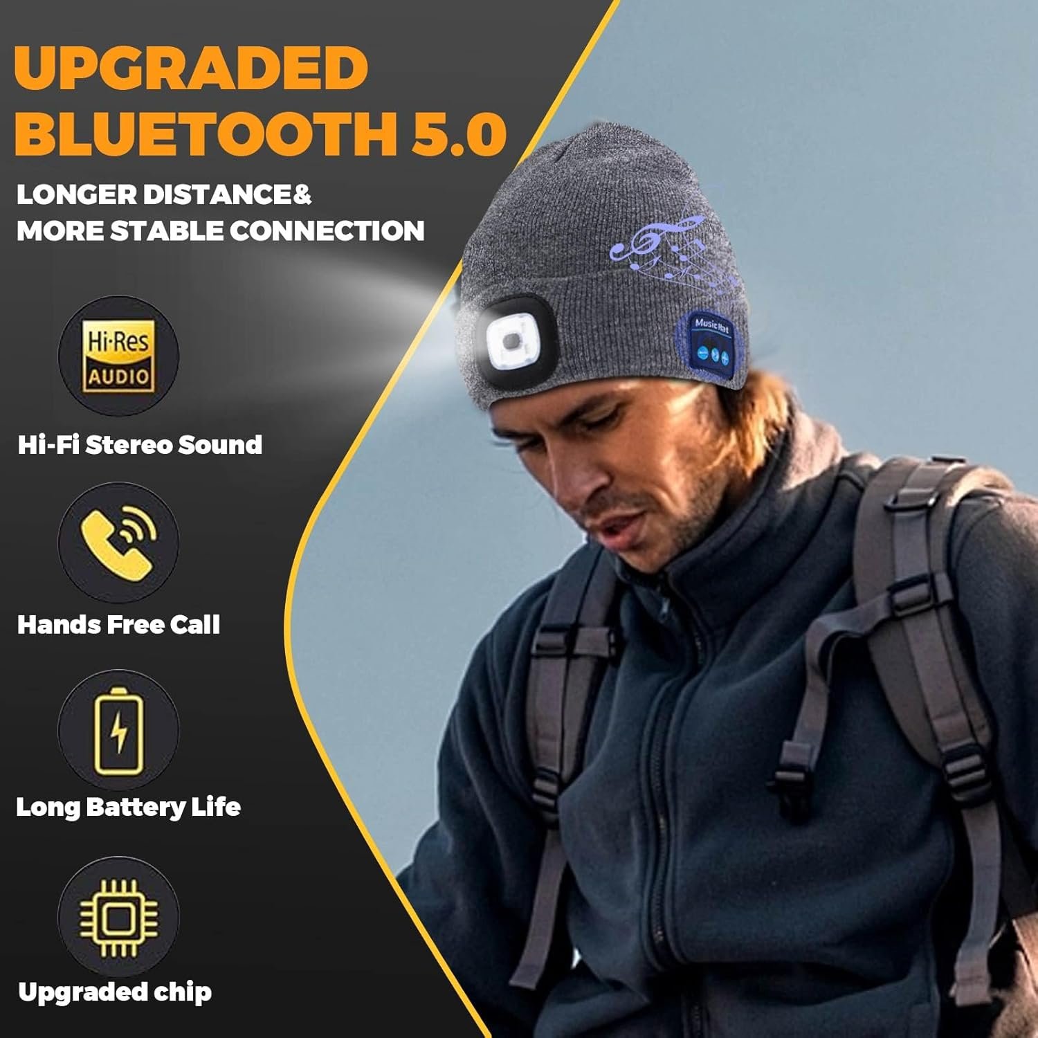 Keains Bluetooth Beanie with Light, Musical Knit Hat with Headphones and Built-in Speaker Mic, Gifts for Men Women Dad - Image 3