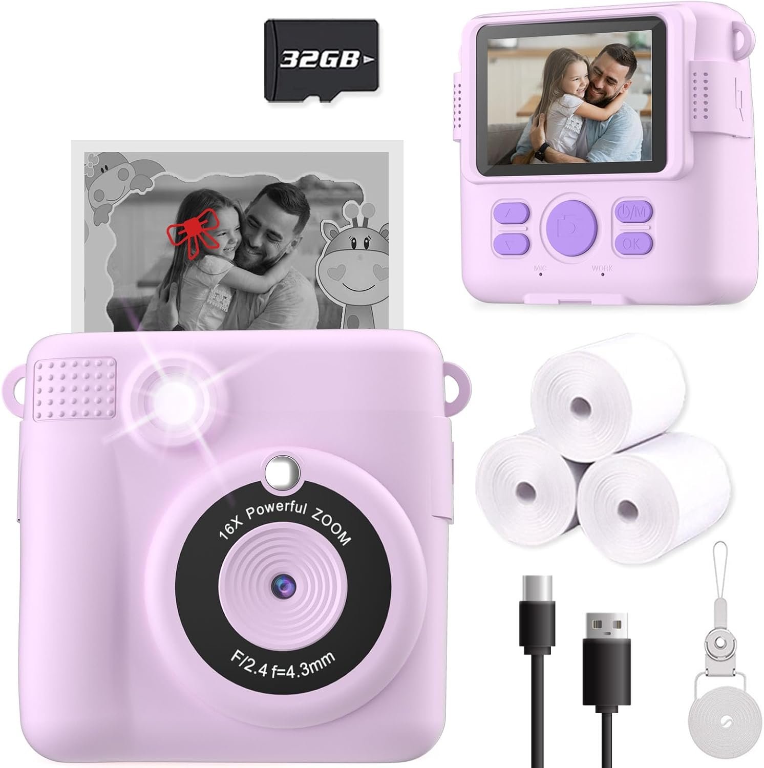 Instant Print Camera for Kids, Christmas Birthday Gifts for Girls Boys, HD Digital Video Cameras for Toddler, Portable Toy for 4 5 6 7 8 9 10 Year Old Girl with 32GB SD Card-Purple - Image 2