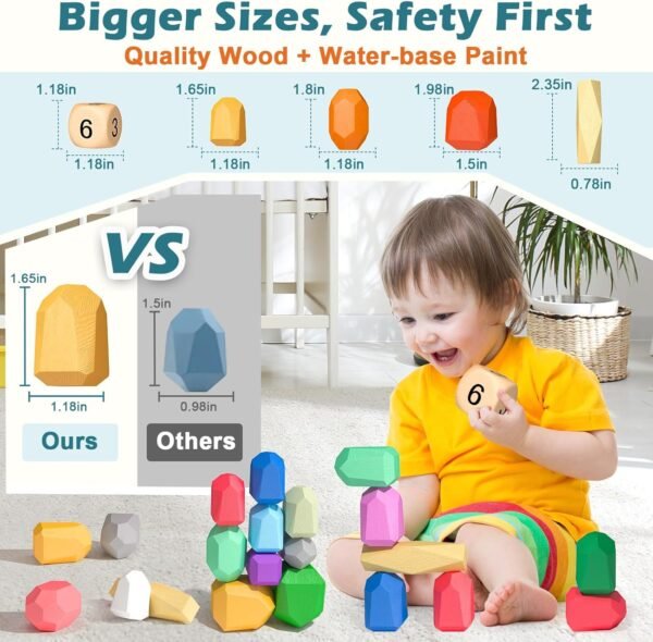 Toddler Toys Wooden Stacking Rocks Big Dice Set, Preschool Learning Activities Classroom Supplies Building Blocks, Safe Creative Kids Toys Family Games Montessori Toys for 1+ Year Old Boys & Girls - Image 3
