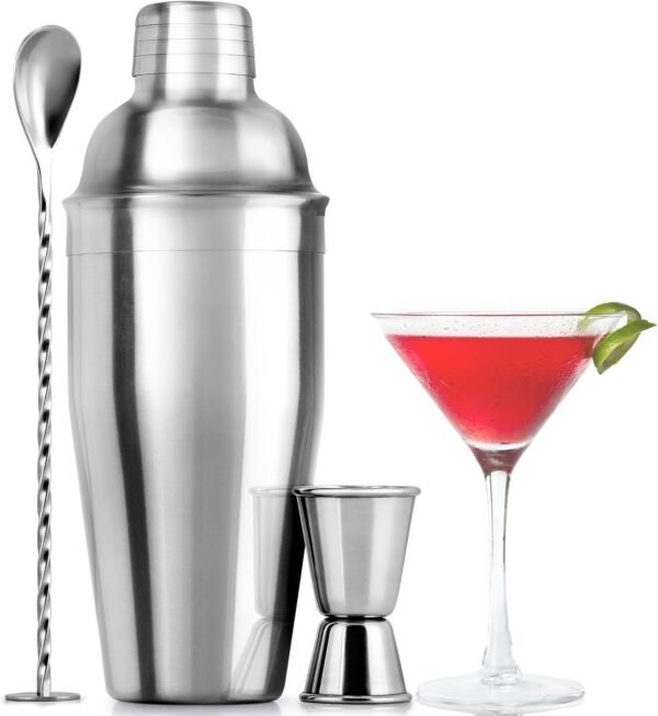 Zulay Kitchen Large 24 oz Stainless Steel Cocktail Shaker Set - Mixed Drink Shaker - Martini Shaker Set with Built in Strainer, Double Sided Jigger & Combo Muddler Mixing Spoon - Pro Margarita Shaker - Image 2