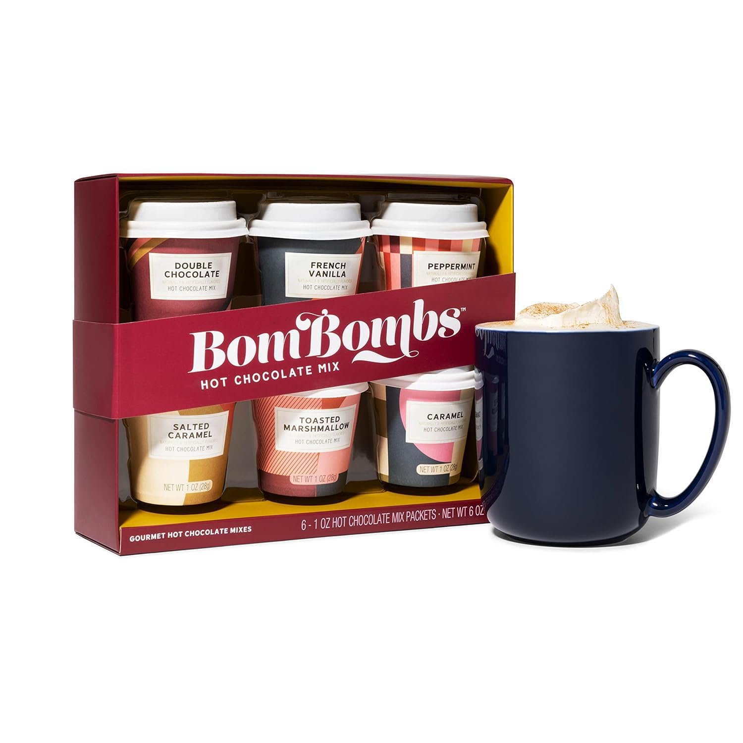 Bombombs Hot Chocolate Mix Gift Set, Hot Chocolate Mix in Mini Cup Packaging, Flavors Include Double Chocolate, French Vanilla, Peppermint, Salted Caramel and More, Set of 6 - Image 6