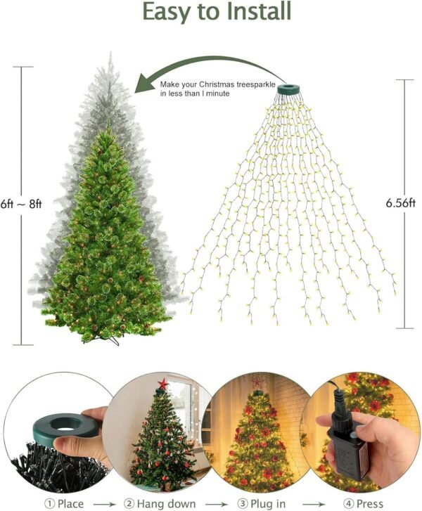 Christmas Tree Lights with Ring, 400 LED 6.6ft x 16 Lines Christmas Tree String Lights with 8 Modes & Timing Function, Waterproof Fairy Lights for Xmas Tree Decoration (Warm White) - Image 3
