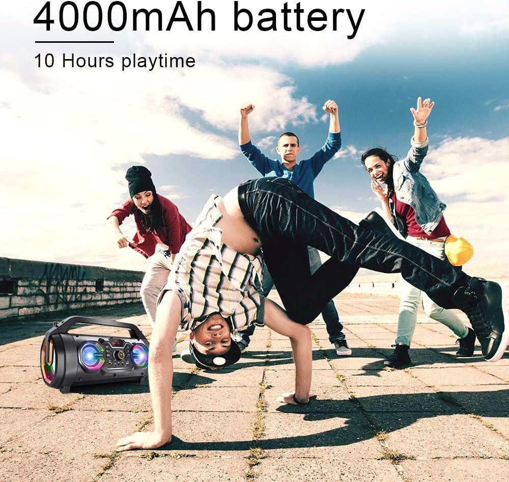 Bluetooth Speaker, 30W Portable Bluetooth Boombox with Subwoofer, FM Radio, RGB Colorful Lights, EQ, Stereo Sound, Booming Bass, 10H Playtime Wireless Party Speaker for Home, Outdoor, Travel, Camping - Image 4
