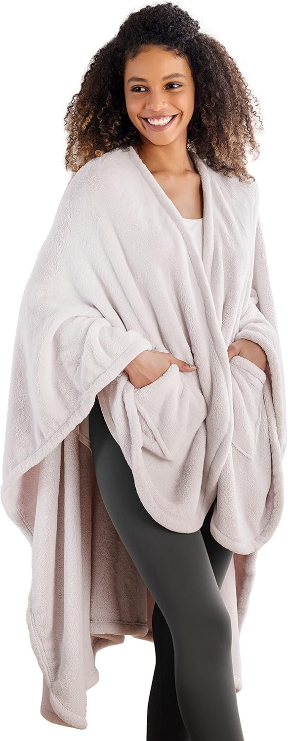 Berkshire Blanket Primalush™ Wearable Blanket, Cozy Loungewear Pocketed Plush Cape Wrap for Adults & Teens(Moonbeam, One Size 58"X64") - Image 2