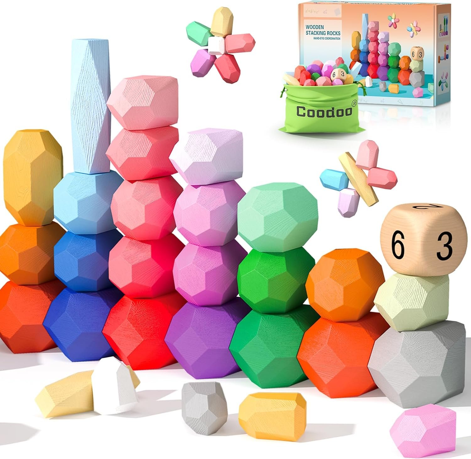 Toddler Toys Wooden Stacking Rocks Big Dice Set, Preschool Learning Activities Classroom Supplies Building Blocks, Safe Creative Kids Toys Family Games Montessori Toys for 1+ Year Old Boys & Girls - Image 2