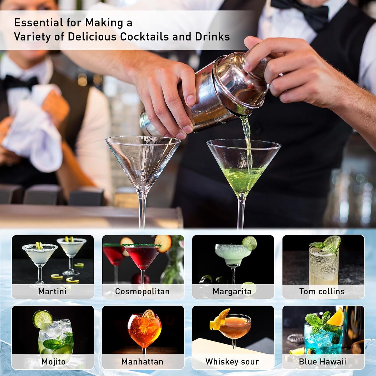 Cocktail Shaker Set Mixology Bartender Kit with Stand, 17 Piece Bar Tool Set: Martini Shaker, Jigger, Strainer, Mixer Spoon, Muddler, Liquor Pourers for Drink Mixing Bartending Kit(Silver) - Image 6
