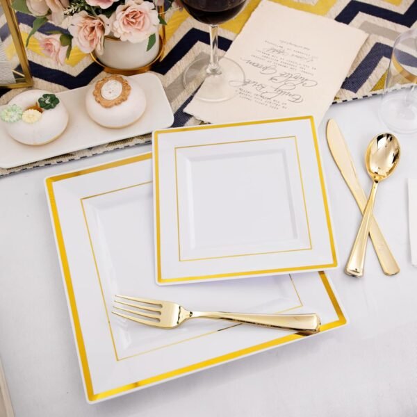 I00000 150PCS Gold plastic dinnerware set,White Gold Square Plates, Disposable Square Gold Plates Includes 25 Dinner Plates 25Dessert Plates 25Cups 25Plastic Cutlery for Christmas Party - Image 3