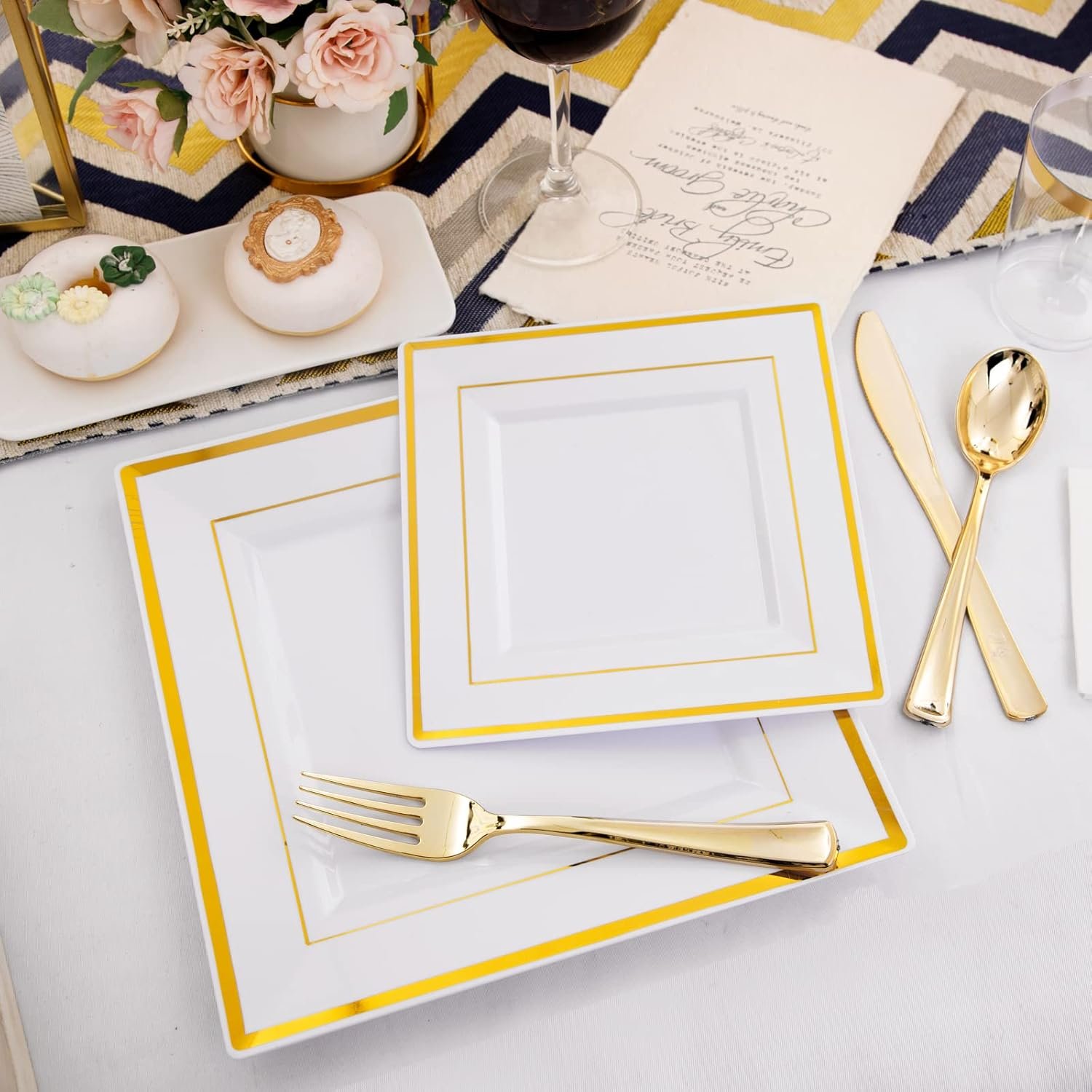 I00000 150PCS Gold plastic dinnerware set,White Gold Square Plates, Disposable Square Gold Plates Includes 25 Dinner Plates 25Dessert Plates 25Cups 25Plastic Cutlery for Christmas Party - Image 3