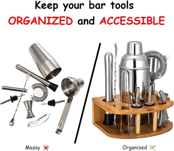 Cocktail Shaker Set with Stand | Perfect Bartender Kit for Home and Bar-Bar Tools Set: 24oz Martini Shaker, Muddler, Jigger, Strainer, Mixer Spoon, Tongs, Corkscrew, 2 Liquor Pourers, Recipes Cards - Image 5