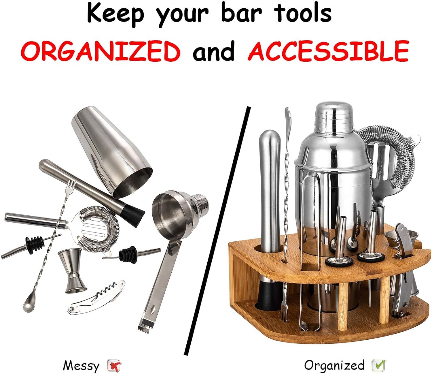 Cocktail Shaker Set with Stand | Perfect Bartender Kit for Home and Bar-Bar Tools Set: 24oz Martini Shaker, Muddler, Jigger, Strainer, Mixer Spoon, Tongs, Corkscrew, 2 Liquor Pourers, Recipes Cards - Image 5