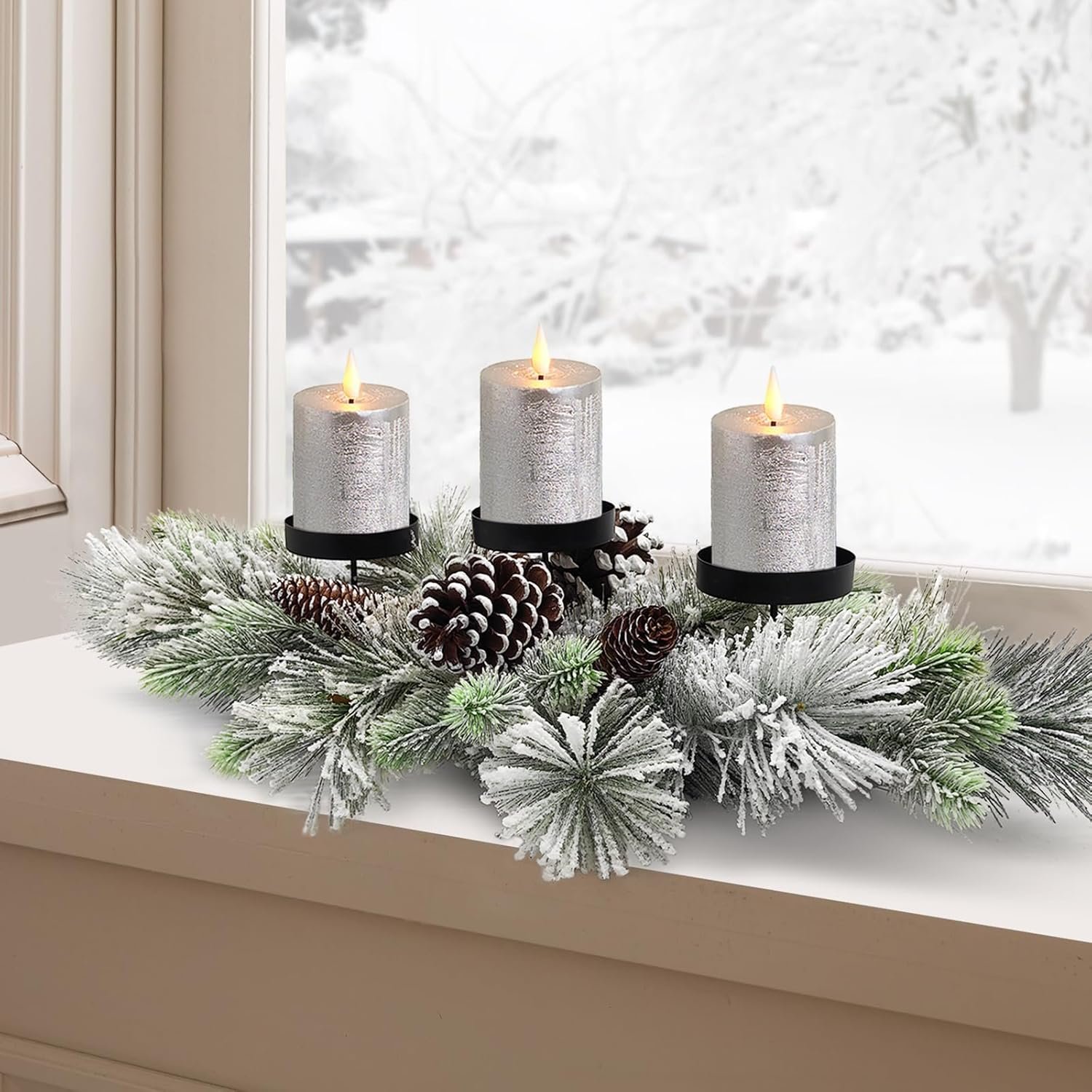 BAYN Christmas Centerpiece Table Decorations, Handcrafted Snowy Pine Cones and Pine Needles with 3 Candle Holders for Dining Table Fireplace Mantel - 27.5 in - Image 3