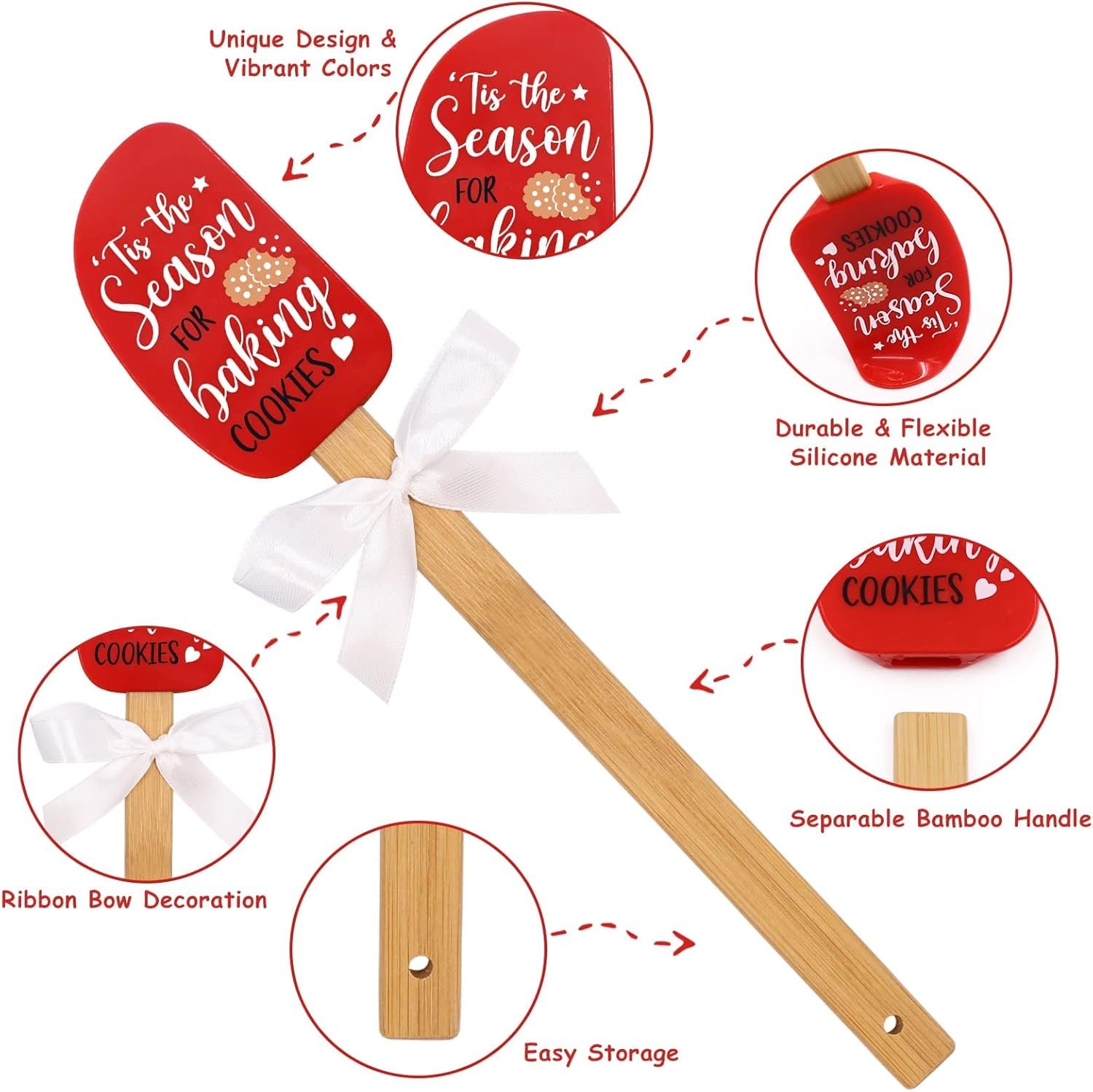 Set of 3 Christmas Silicone Spatulas w/Merry Christmas Greeting Card, Food Grade Heat Resistant Scraper Connect Bamboo Handle, Classic Gingerbread Man Candy Cane Reindeer Xmas Cooking Baking Gifts - Image 4