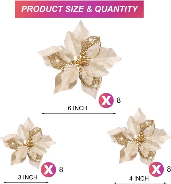 Boao 24 Pieces Christmas Artificial Glitter Poinsettia Flowers Xmas Flowers Wedding Christmas Tree New Year Ornaments(Gold) - Image 3