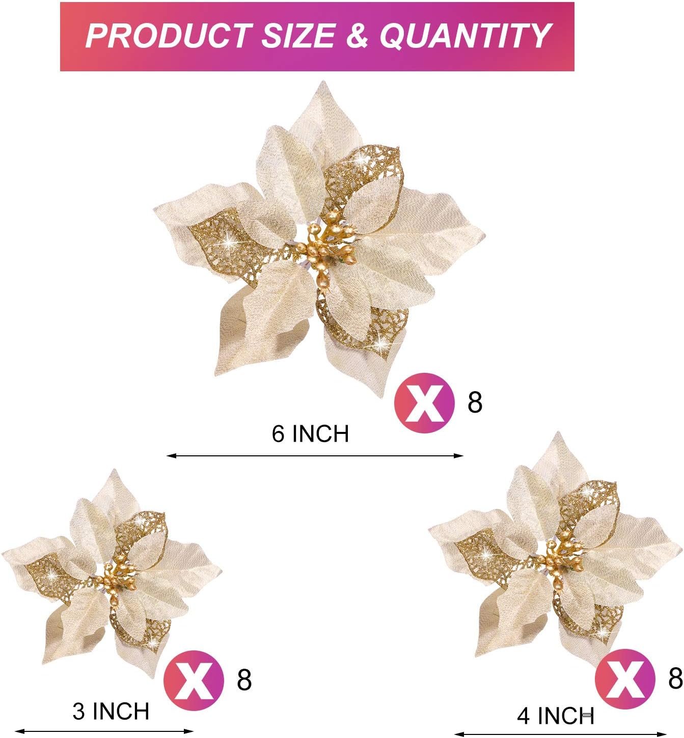 Boao 24 Pieces Christmas Artificial Glitter Poinsettia Flowers Xmas Flowers Wedding Christmas Tree New Year Ornaments(Gold) - Image 3