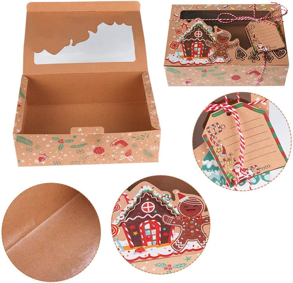 OurWarm 12 Pack Christmas Cookie Boxes with Window, Large Holiday Food Bakery Treat Boxes for Gift Giving, Pastry, Candy, Party Favors, Christmas Kraft Gift Boxes with Ribbons and DIY Gift Tags - Image 4