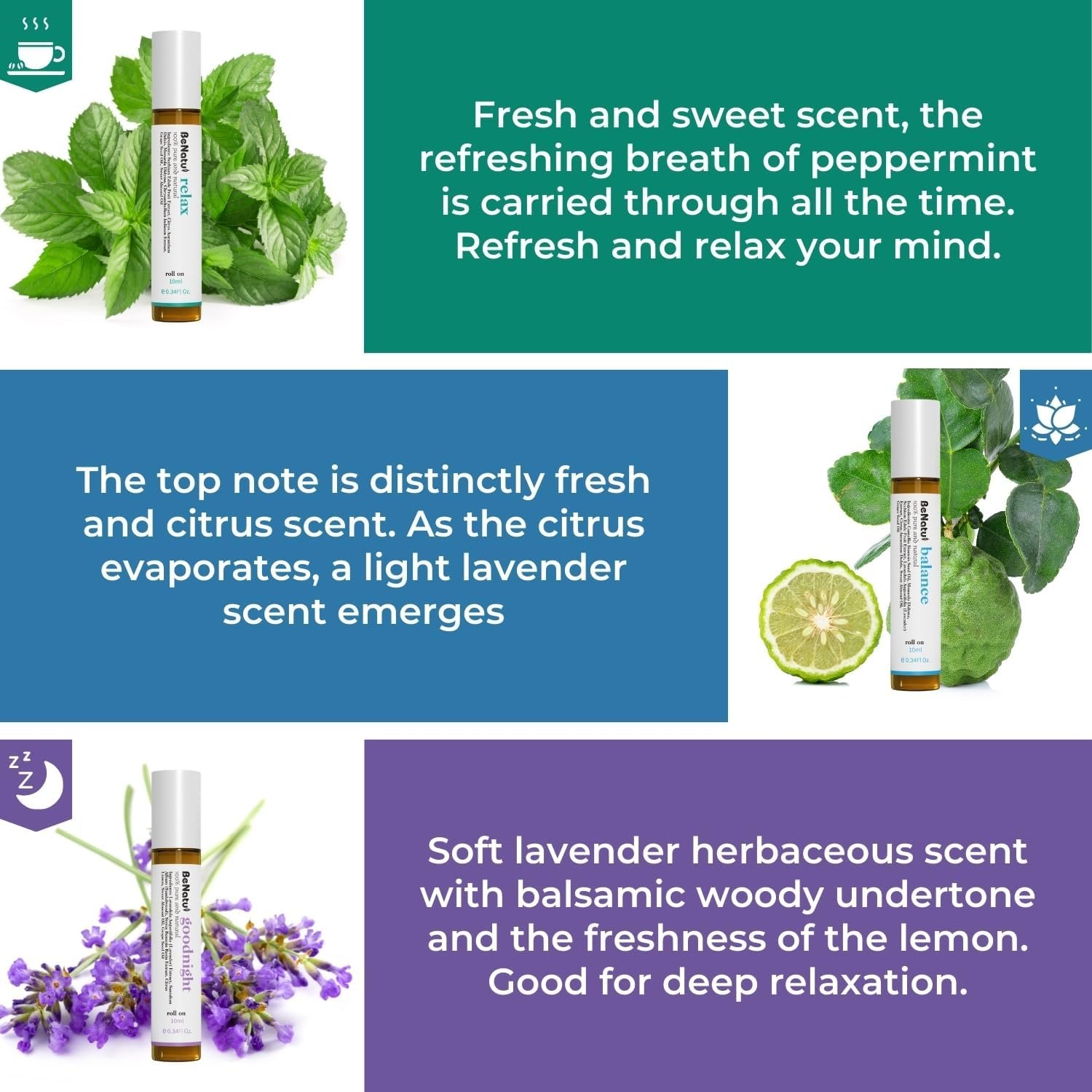 Benatu Essential Oils Set (Relax, Goodnight, Balance), Natural Aromatherapy Roll On Blends for Massage, Body Skin Care, Home - Relaxation Fragrance Roller Gift for Women and Men - Image 4