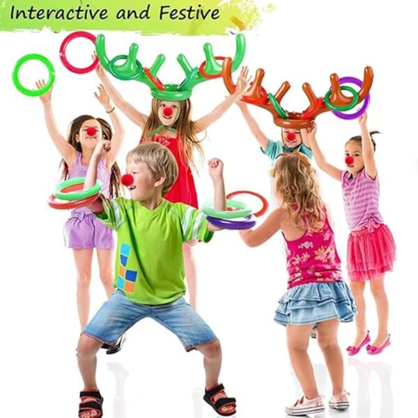 18 Pieces Inflatable Reindeer Antler Ring Toss Game for Christmas Party Games for Kids Adults Holiday Xmas Games Toys for Family School Carnival Party Supplies (3 Antlers, 12 Rings,3 Red Reindeer Nose - Image 4