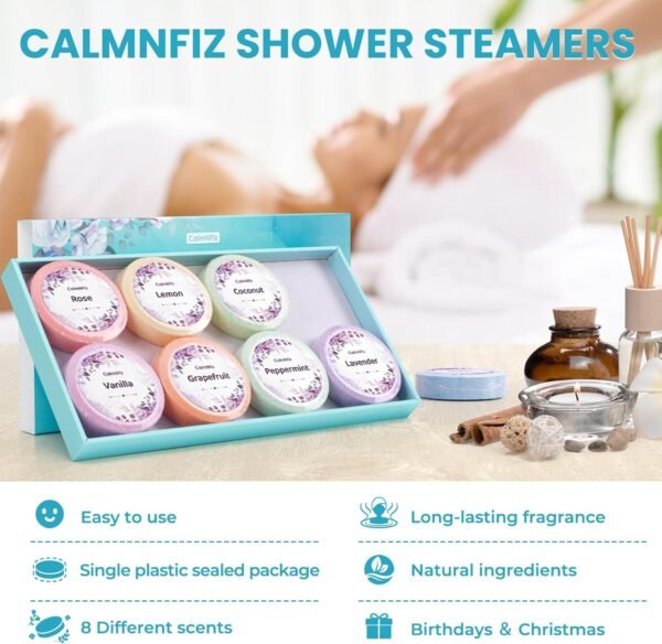 Shower Steamers 8 Pack Set Shower Bombs Tablets in Box with 8 Fragrances with Shea Butter for Self-Care & Relaxation, Idea for Women and Men - Image 6