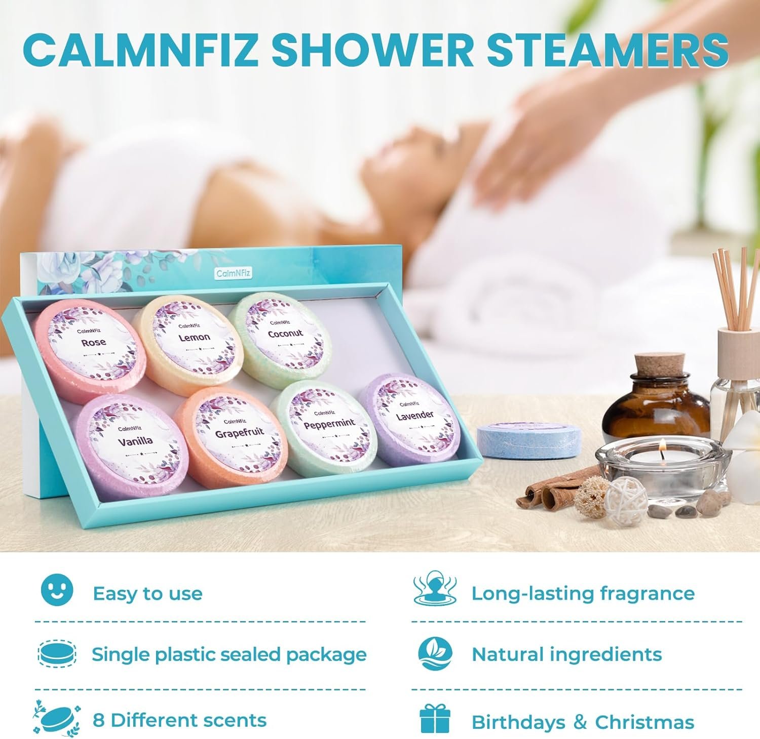 Shower Steamers 8 Pack Set Shower Bombs Tablets in Box with 8 Fragrances with Shea Butter for Self-Care & Relaxation, Idea for Women and Men - Image 6