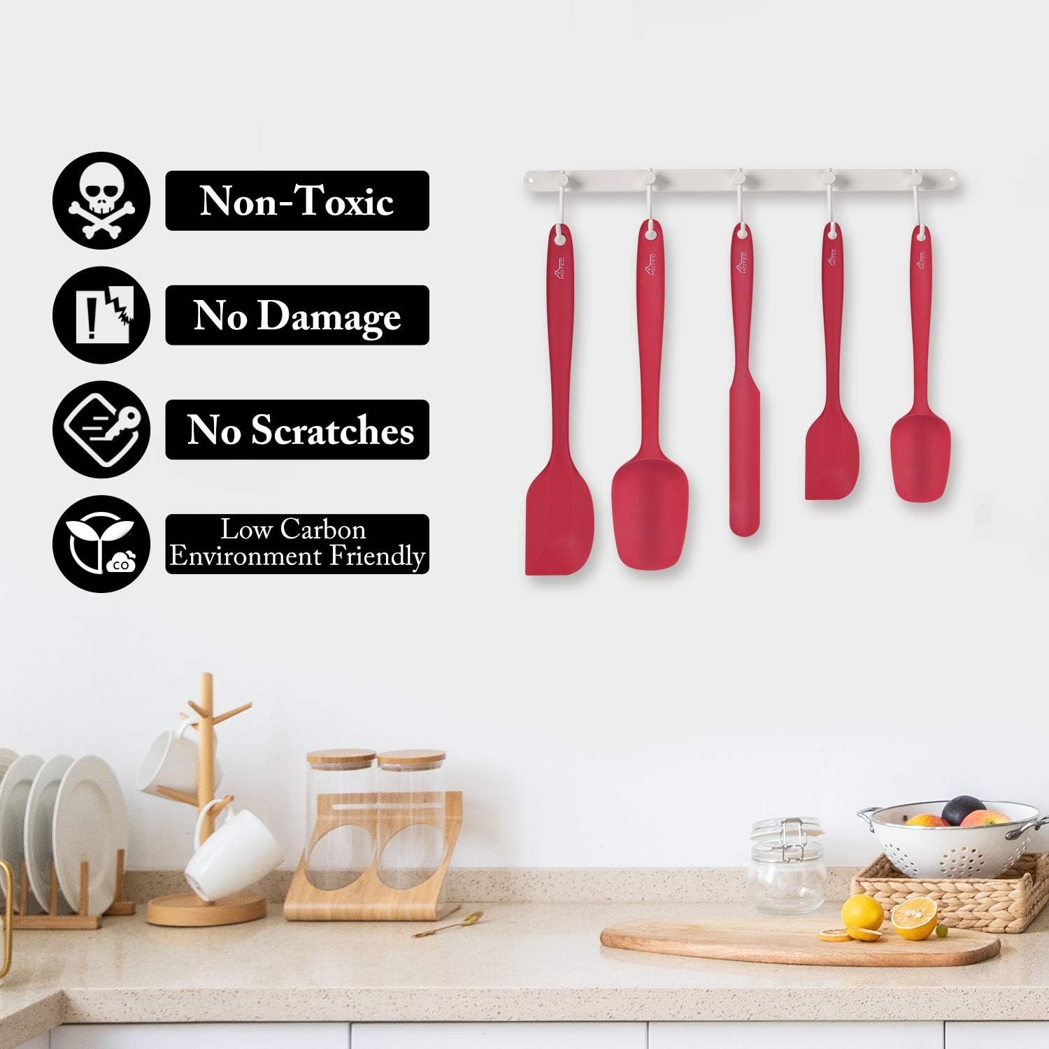 HOTEC Food Grade Silicone Rubber Spatula Set for Baking, Cooking, and Mixing High Heat Resistant Non Stick Dishwasher Safe BPA-Free Red Set of 5 - Image 6