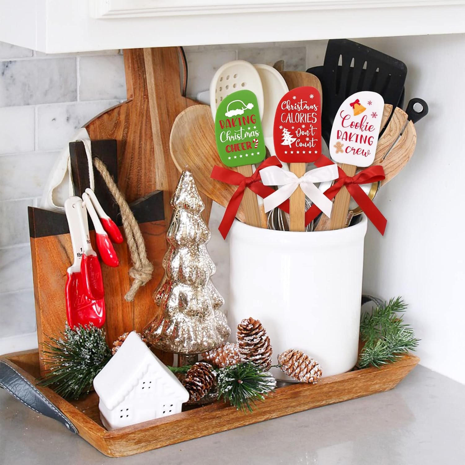 3PCS Christmas Silicone Spatula Set Decor Baking Gifts for Mom Flipping cake Food Grade Heat Resistant Kitchen Utensil Cooking Mixing Festival Wooden Handle and Ribbon Bows with greeting card present - Image 8
