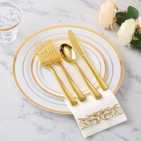 Goodluck 350 Piece Gold Dinnerware Set for 50 Guests, Plastic Plates Disposable for Party, Include: 50 Gold Rim Dinner Plates, 50 Dessert Plates, 50 Paper Napkins, 50 Cups, 50 Gold Silverware Set - Image 3