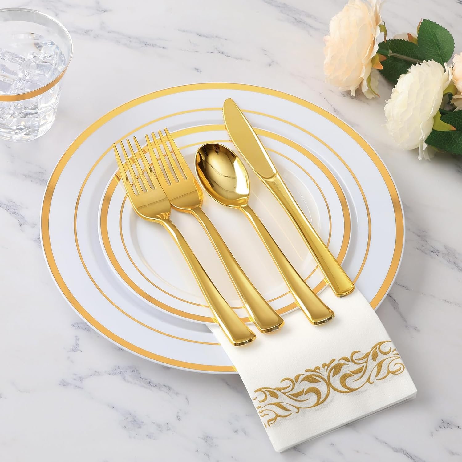Goodluck 350 Piece Gold Dinnerware Set for 50 Guests, Plastic Plates Disposable for Party, Include: 50 Gold Rim Dinner Plates, 50 Dessert Plates, 50 Paper Napkins, 50 Cups, 50 Gold Silverware Set - Image 3
