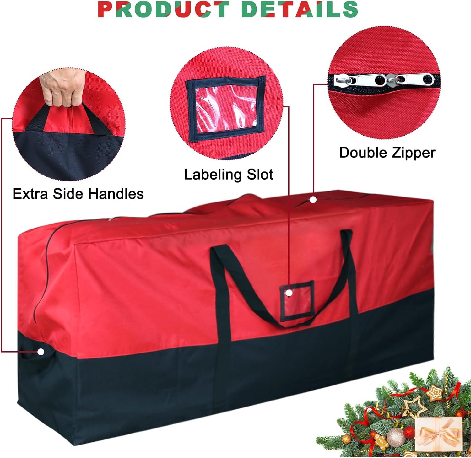 Christmas Tree Storage Bag, Fits Up to 7.5 Ft Artificial Trees, Heavy-Duty Waterproof Storage Bags with Reinforced Handles, Dual Zippers & Card Slot, 600D Oxford Extra Large Moving Bags - Image 4