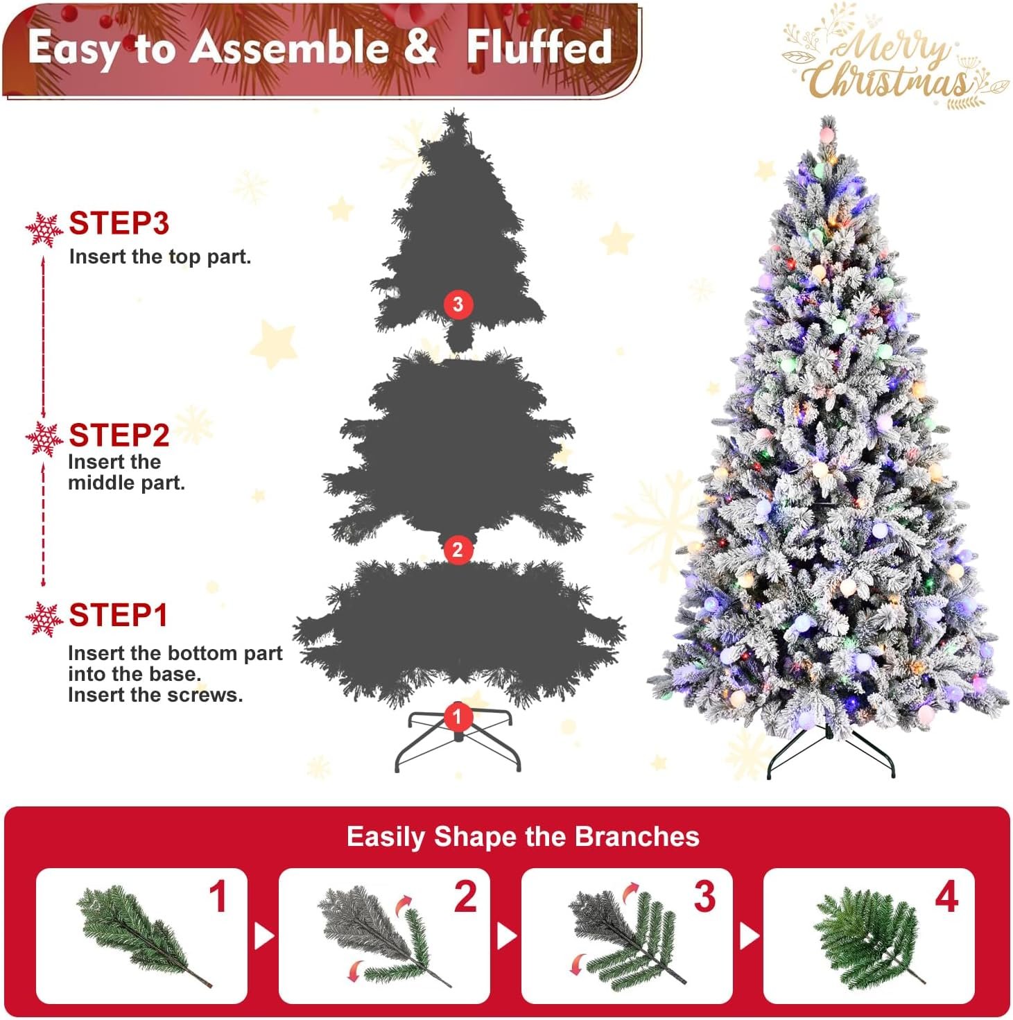 8FT Prelit Flocked Christmas Tree with 470 Two Color LED Lights and 45 Colorful Bauble Lights, 10 Flashing Modes, Pre Lit Artificial Christmas Tree with Snow and Memory Wire Technology for Holiday - Image 8