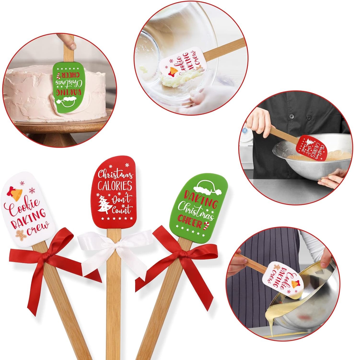 3PCS Christmas Silicone Spatula Set Decor Baking Gifts for Mom Flipping cake Food Grade Heat Resistant Kitchen Utensil Cooking Mixing Festival Wooden Handle and Ribbon Bows with greeting card present - Image 7