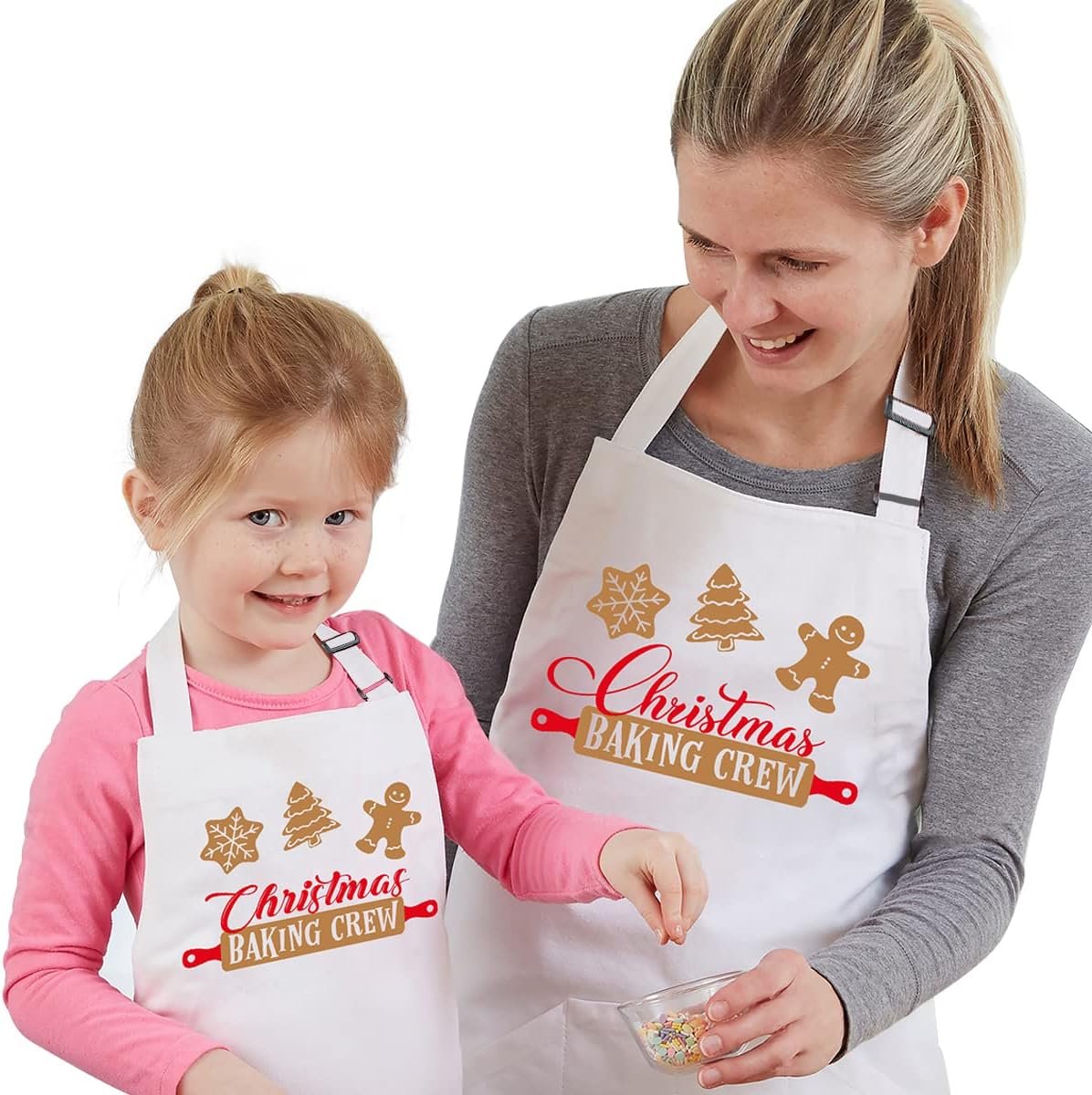 2 Pack Christmas Matching Aprons for Kids and Adults - Christmas Baking Crew - White Kitchen Aprons with 2 Pockets for Cooking Baking, Cute Custom Aprons Gift for Family - Image 2