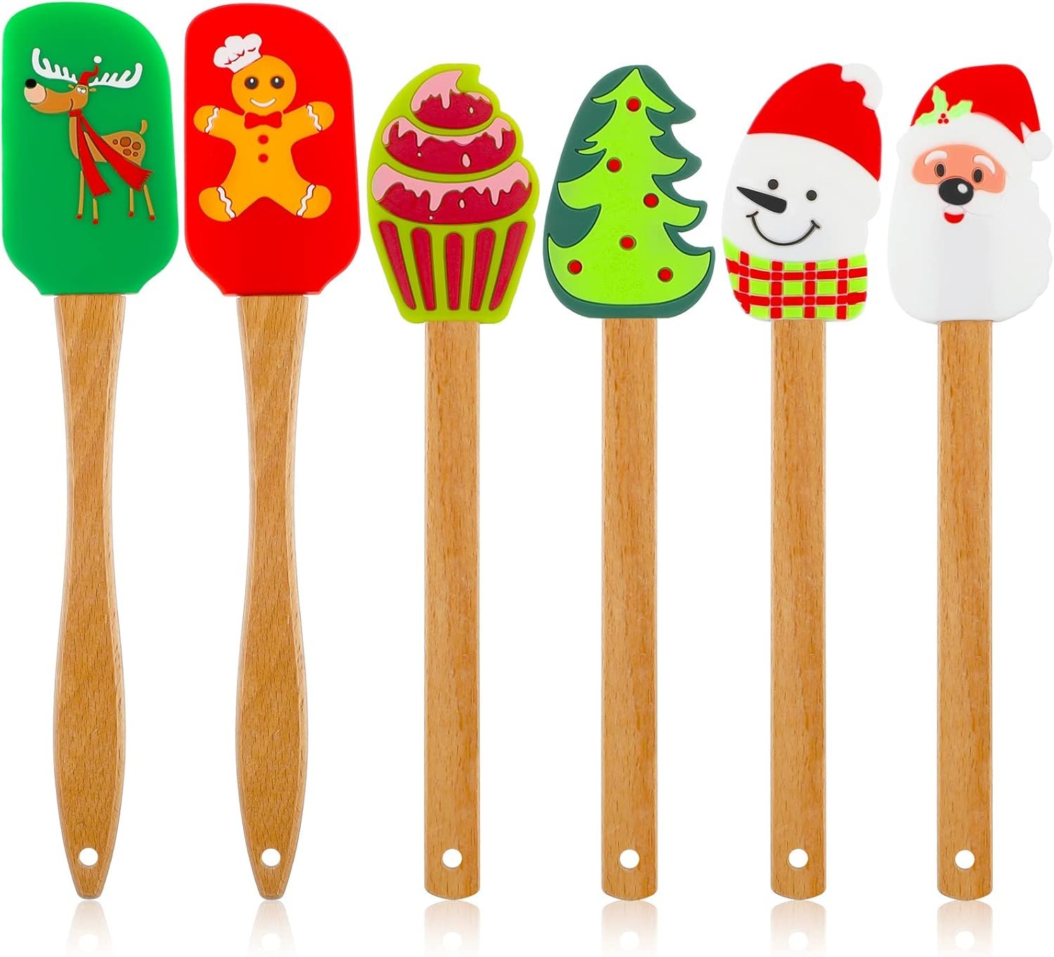 Patelai Christmas Silicone Spatula Xmas Cake Spatula with Wooden Handle Snowmen Pancake Spatula Cute Pan Scraper Xmas Dish Scraper Cooking Spatulas for Kitchen Mixing Cooking (Vivid Style,6 Pieces) - Image 2