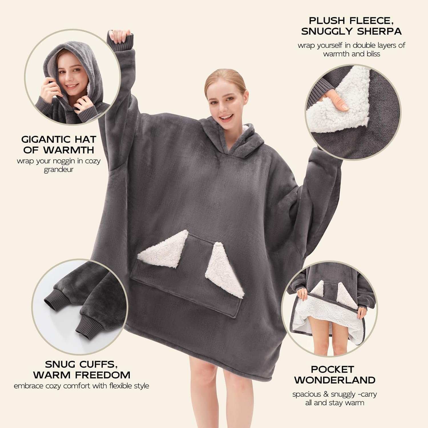 Touchat Wearable Blanket Hoodie, Oversized Sherpa Fleece Sweatshirt Blanket with Giant Hood Pocket and Sleeves for Adult, Warm & Cozy Grey Blanket Gifts for Women - Image 4
