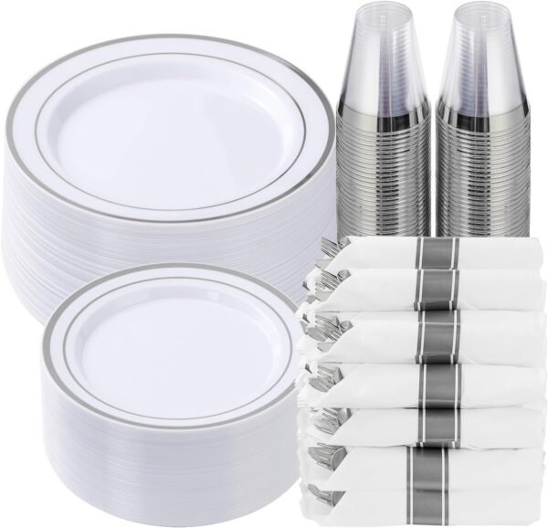 Goodluck 350 Piece Silver Plastic Dinnerware Set for 50 Guests, Fancy Disposable Plates for Party, Include: 50 Dinner Plates, 50 Dessert Plates, 50 Pre Rolled Napkins with Silver Silverware, 50 Cups - Image 2
