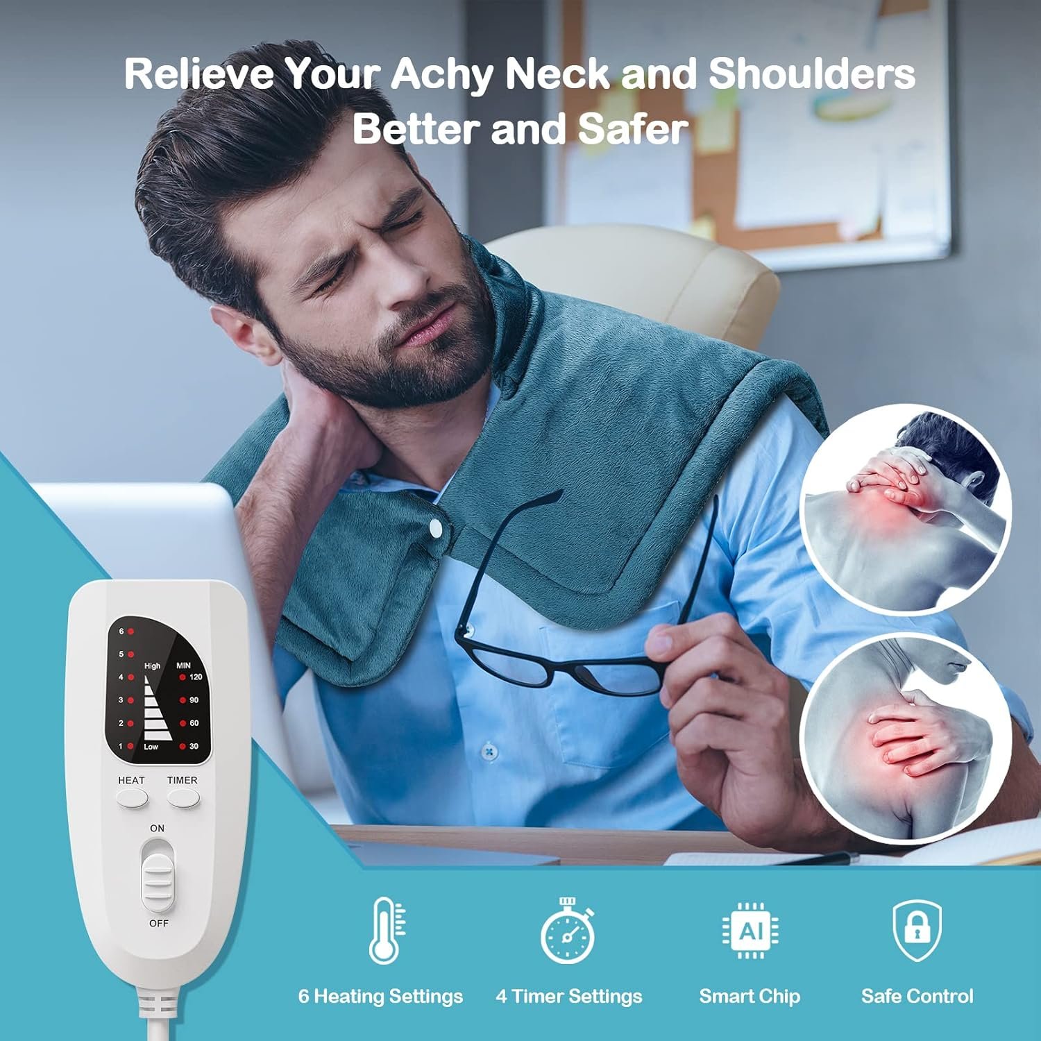 Heating Pad for Neck and Shoulders, NIUONSIX Christmas Gifts for Women Mom Wife Men Dad, Weighted Electric Heating Pad for Back Pain Relief 6 Heat Settings 4 Timers Auto Off, Blue - Image 6