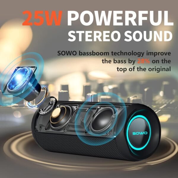 Portable Speaker, Wireless Bluetooth Speaker, IPX7 Waterproof, 25W Loud Stereo Sound, Bassboom Technology, TWS Pairing, Built-in Mic, 16H Playtime with Lights for Home Outdoor - Black - Image 3